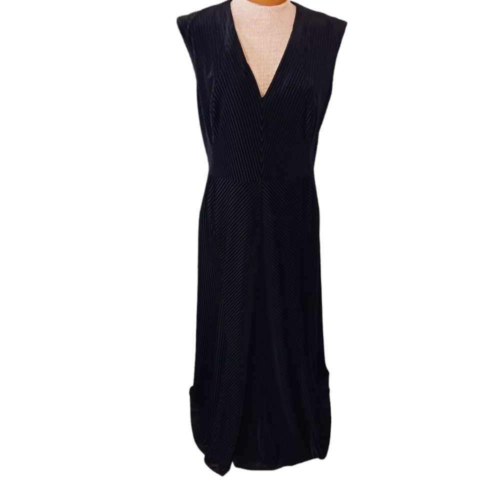 Anne Klein Black Velour Striped Midi Dress Size 8 Ribbed Formal Holidays Ribbed